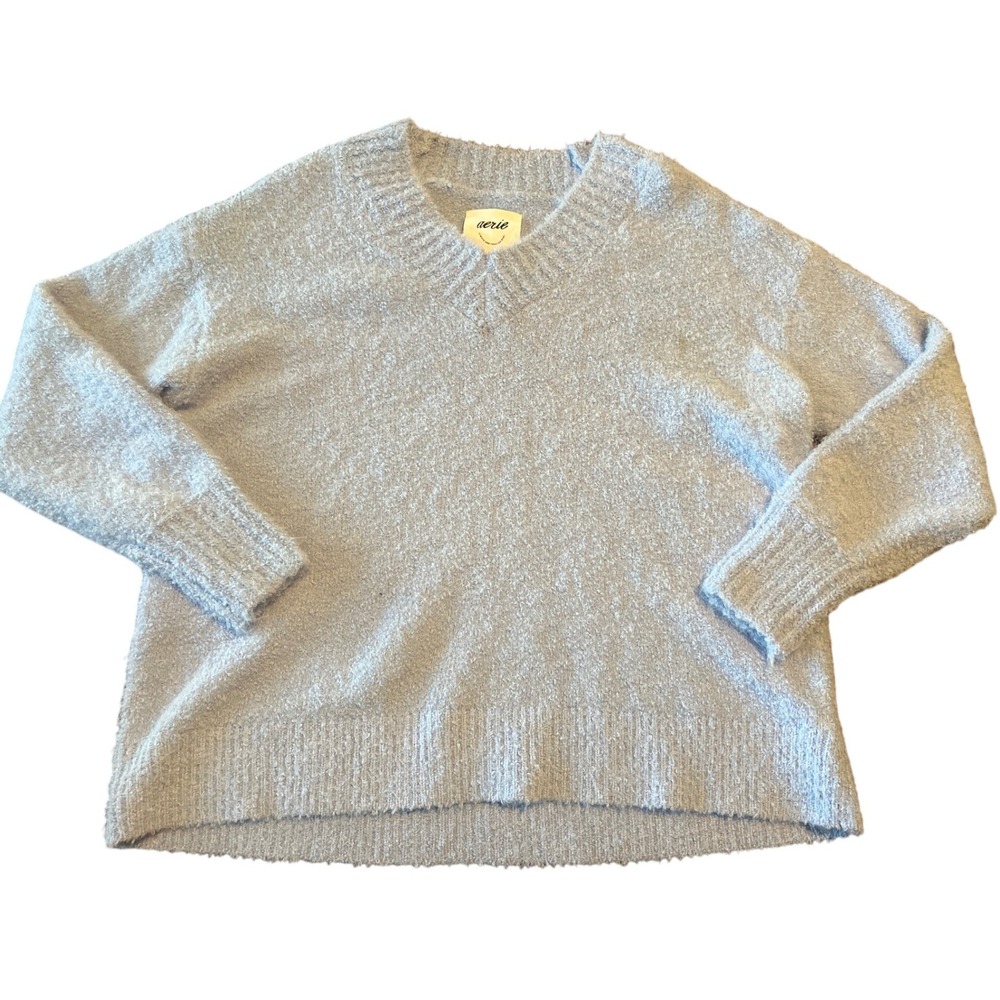 Aerie Womens Oversized V-Neck Boucle Sweater‎ Light Blue Periwinkle Size Large